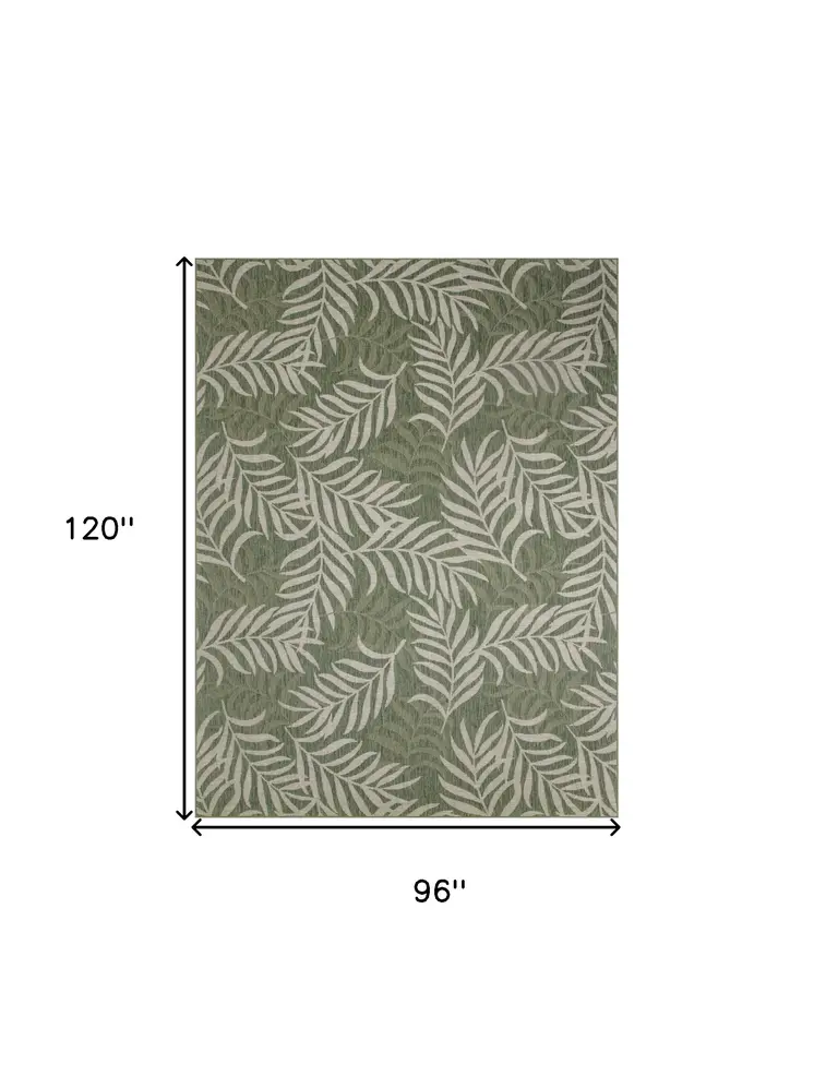 8' X 10' Ivory And Green Palm Leaf Indoor Outdoor Area Rug