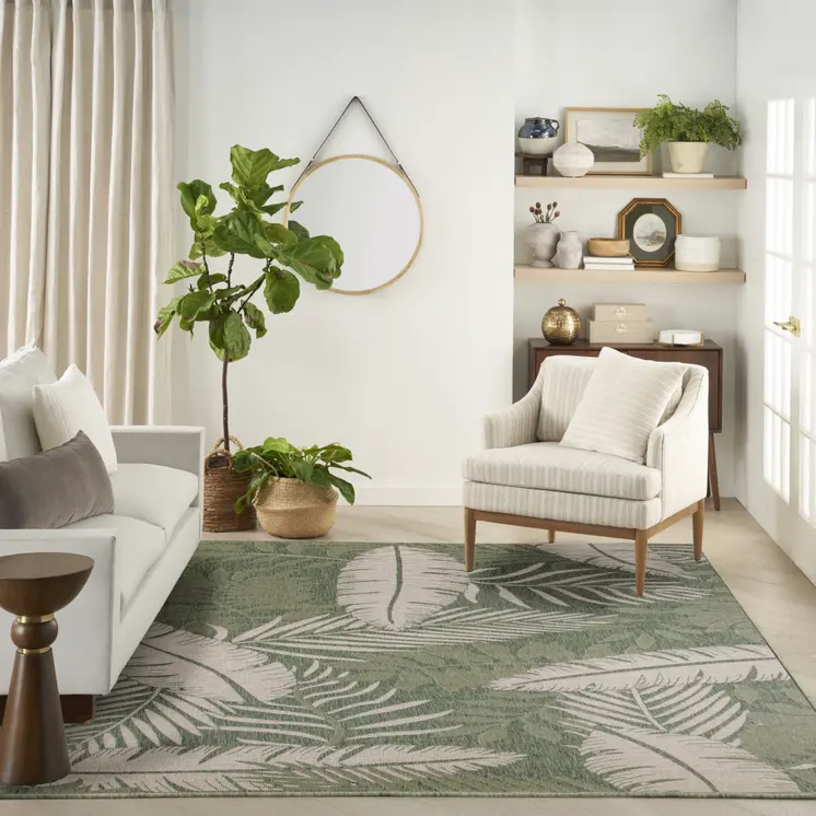 8' X 10' Ivory And Green Palm Leaf Indoor Outdoor Area Rug