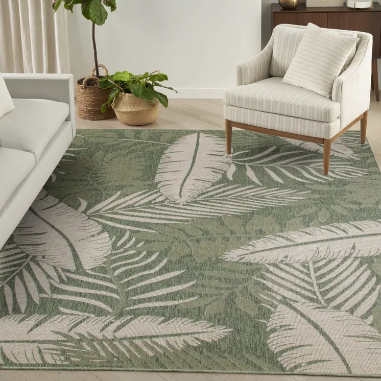 8' X 10' Ivory And Green Palm Leaf Indoor Outdoor Area Rug