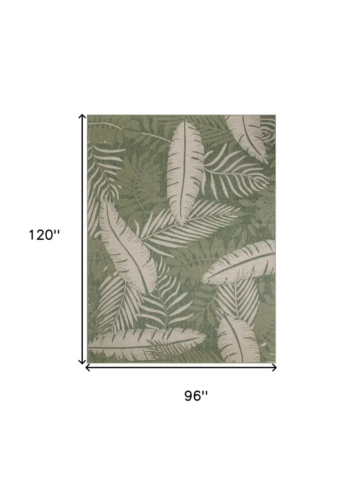 8' X 10' Ivory And Green Palm Leaf Indoor Outdoor Area Rug