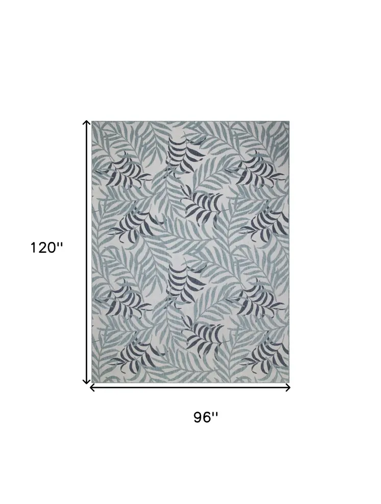 8' X 10' Ivory Sky Blue And Blue Palm Leaf Indoor Outdoor Area Rug