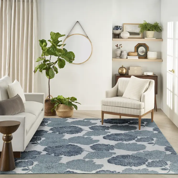 8' X 10' Navy Blue Sky Blue And Ivory Floral Indoor Outdoor Area Rug