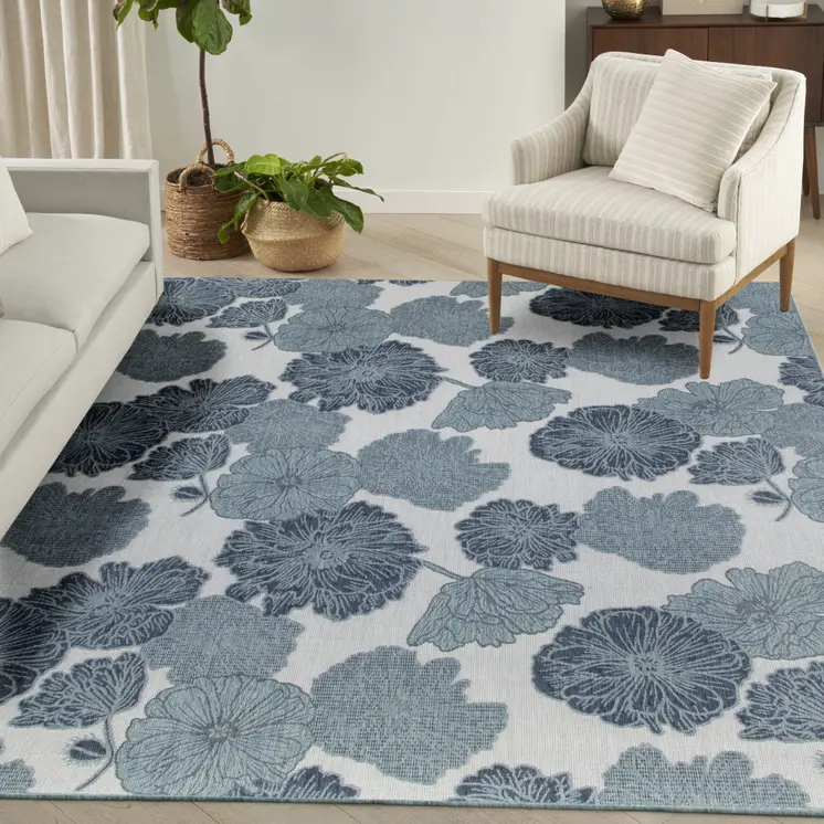 8' X 10' Navy Blue Sky Blue And Ivory Floral Indoor Outdoor Area Rug