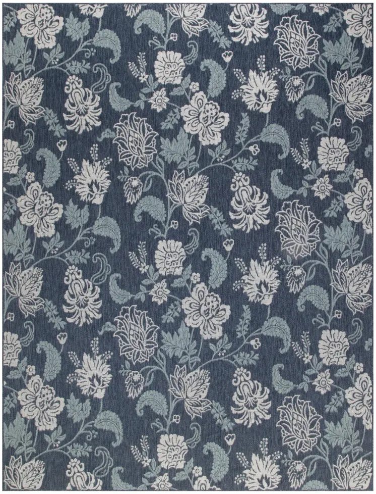 8' X 10' Navy Blue Sky Blue And Ivory Floral Indoor Outdoor Area Rug