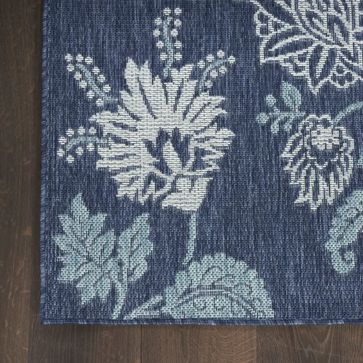 8' X 10' Navy Blue Sky Blue And Ivory Floral Indoor Outdoor Area Rug
