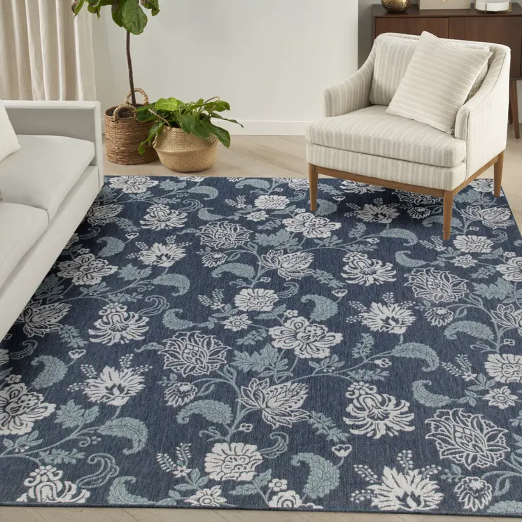 8' X 10' Navy Blue Sky Blue And Ivory Floral Indoor Outdoor Area Rug