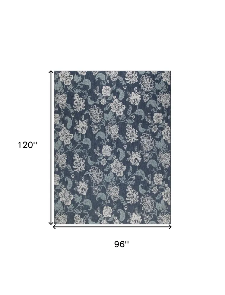 8' X 10' Navy Blue Sky Blue And Ivory Floral Indoor Outdoor Area Rug