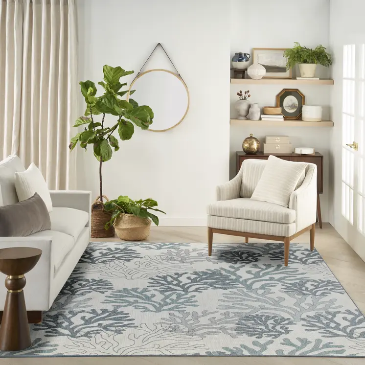 8' X 10' Navy Blue Sky Blue And Ivory Nautical Indoor Outdoor Area Rug