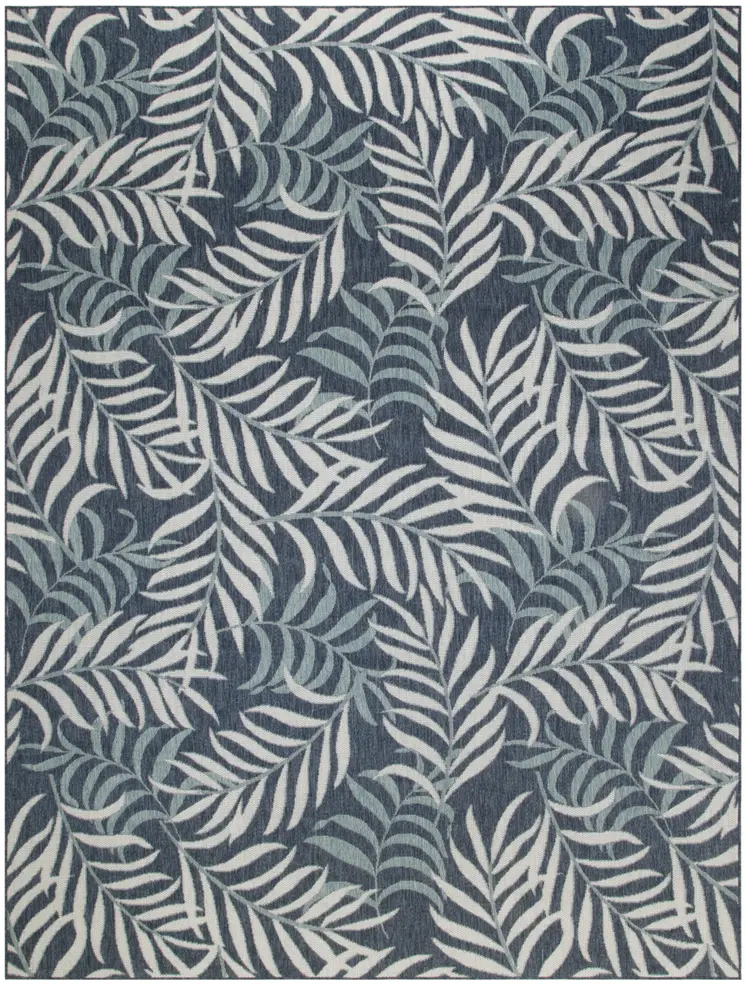 8' X 10' Navy Blue Sky Blue And Ivory Palm Leaf Indoor Outdoor Area Rug