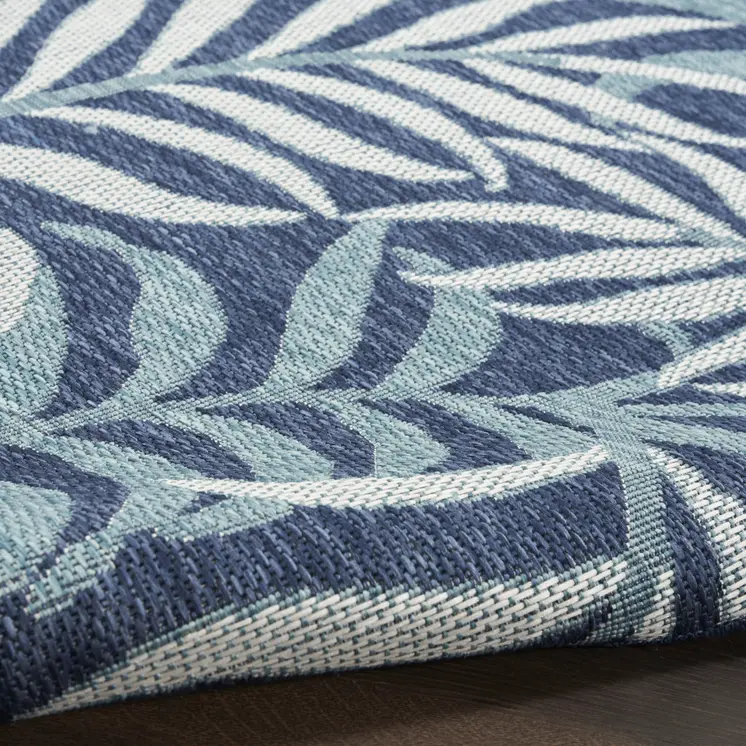 8' X 10' Navy Blue Sky Blue And Ivory Palm Leaf Indoor Outdoor Area Rug