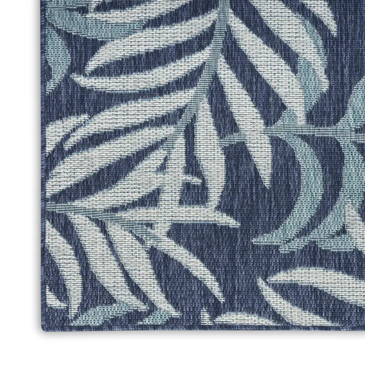 8' X 10' Navy Blue Sky Blue And Ivory Palm Leaf Indoor Outdoor Area Rug