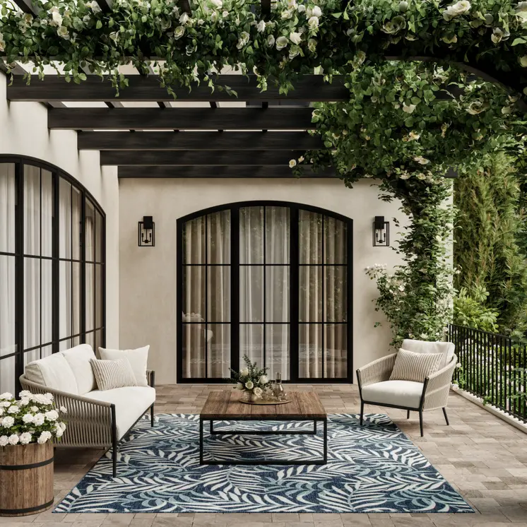 8' X 10' Navy Blue Sky Blue And Ivory Palm Leaf Indoor Outdoor Area Rug