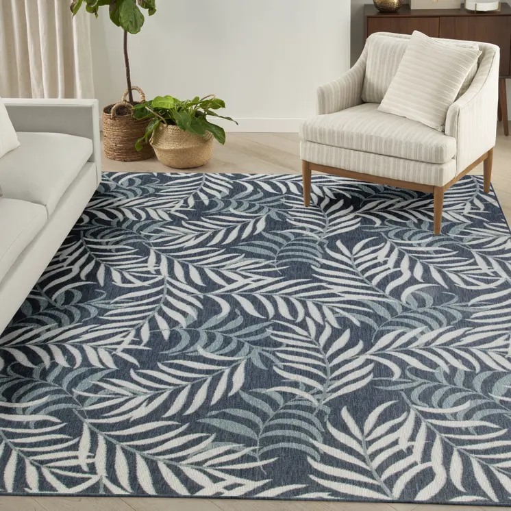 8' X 10' Navy Blue Sky Blue And Ivory Palm Leaf Indoor Outdoor Area Rug