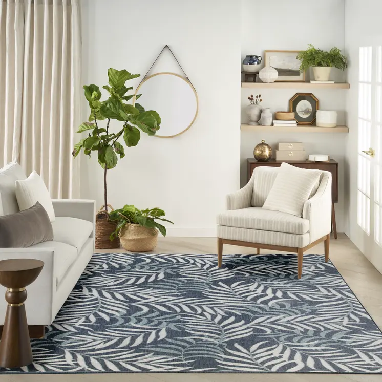 8' X 10' Navy Blue Sky Blue And Ivory Palm Leaf Indoor Outdoor Area Rug