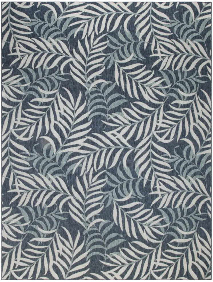 8' X 10' Navy Blue Sky Blue And Ivory Palm Leaf Indoor Outdoor Area Rug