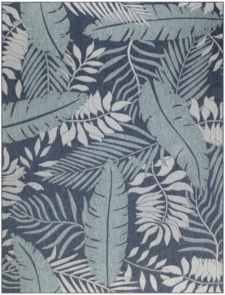 8' X 10' Navy Blue Sky Blue And Ivory Palm Leaf Indoor Outdoor Area Rug