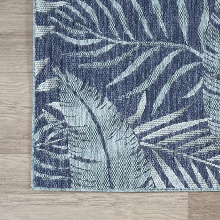 8' X 10' Navy Blue Sky Blue And Ivory Palm Leaf Indoor Outdoor Area Rug