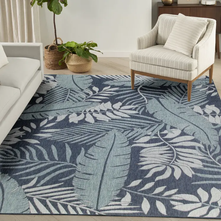 8' X 10' Navy Blue Sky Blue And Ivory Palm Leaf Indoor Outdoor Area Rug