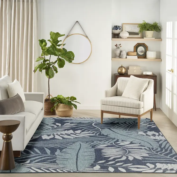 8' X 10' Navy Blue Sky Blue And Ivory Palm Leaf Indoor Outdoor Area Rug