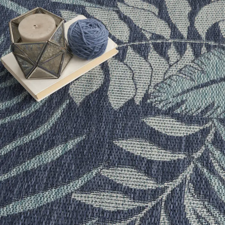 8' X 10' Navy Blue Sky Blue And Ivory Palm Leaf Indoor Outdoor Area Rug
