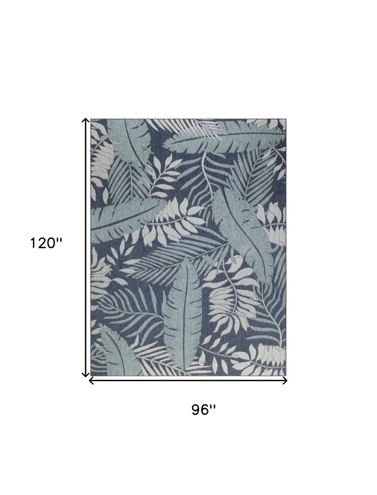 8' X 10' Navy Blue Sky Blue And Ivory Palm Leaf Indoor Outdoor Area Rug