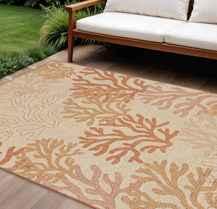 8' X 10' Coral And Beige Nautical Indoor Outdoor Area Rug