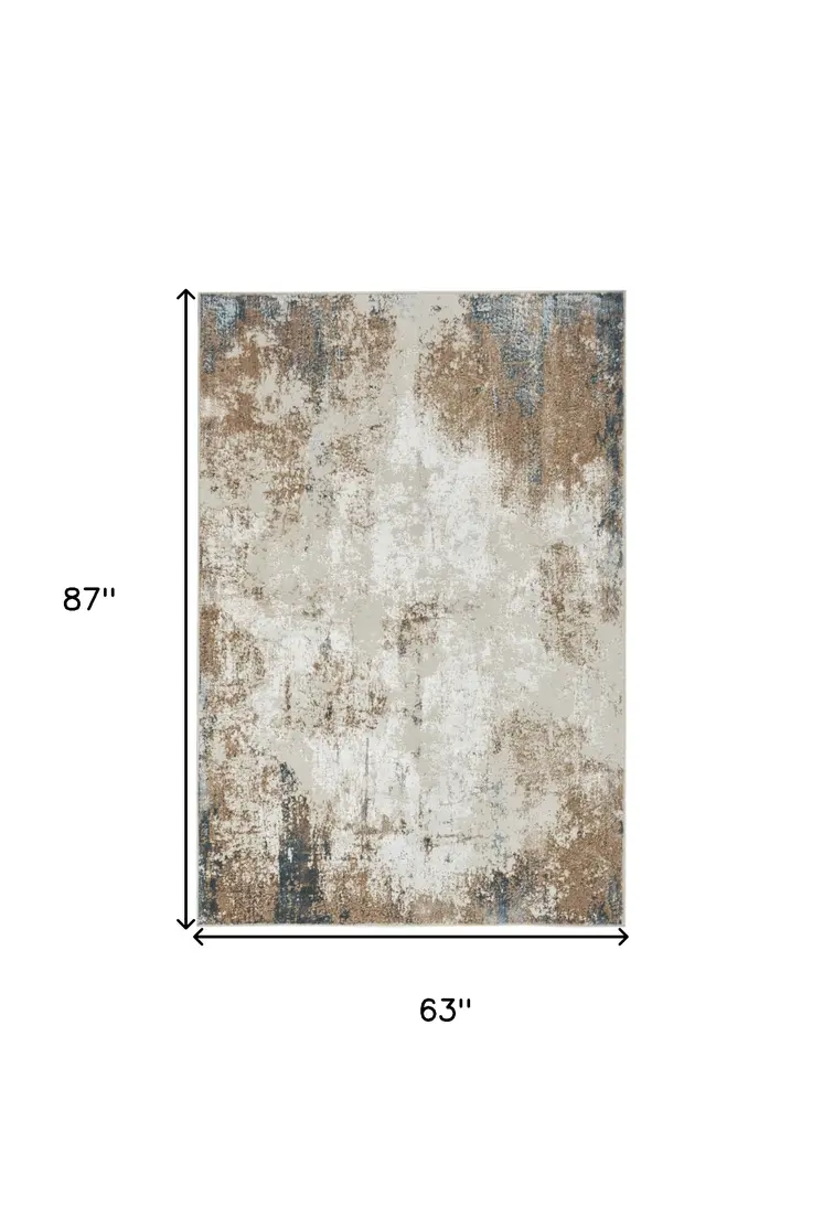 5' X 7' Ivory Black and Taupe Abstract Distressed Non Skid Area Rug