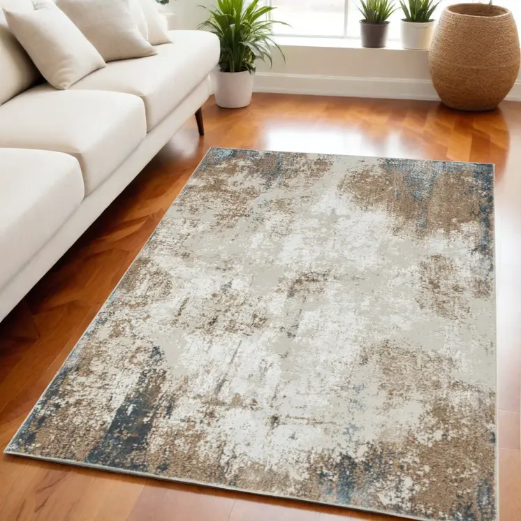 5' X 7' Ivory Black and Taupe Abstract Distressed Non Skid Area Rug