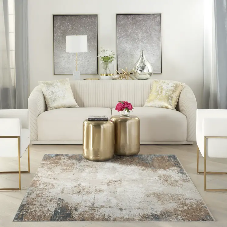 5' X 7' Ivory Black and Taupe Abstract Distressed Non Skid Area Rug
