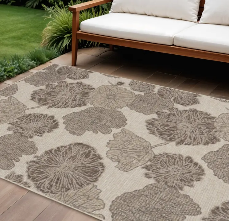 8' X 10' Taupe And Ivory Floral Indoor Outdoor Area Rug