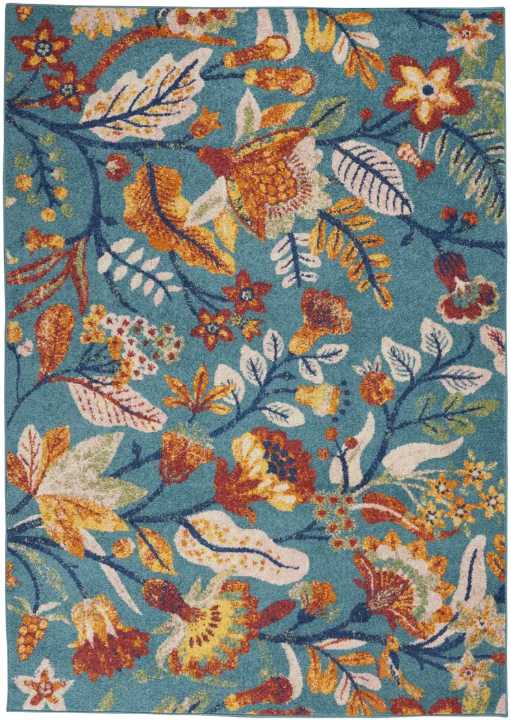 5' X 7' Aqua Floral Power Loom Area Rug