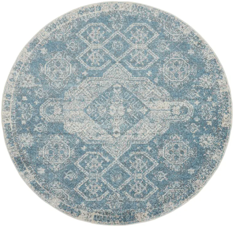 8' Ivory And Light Blue Geometric Distressed Round Rug