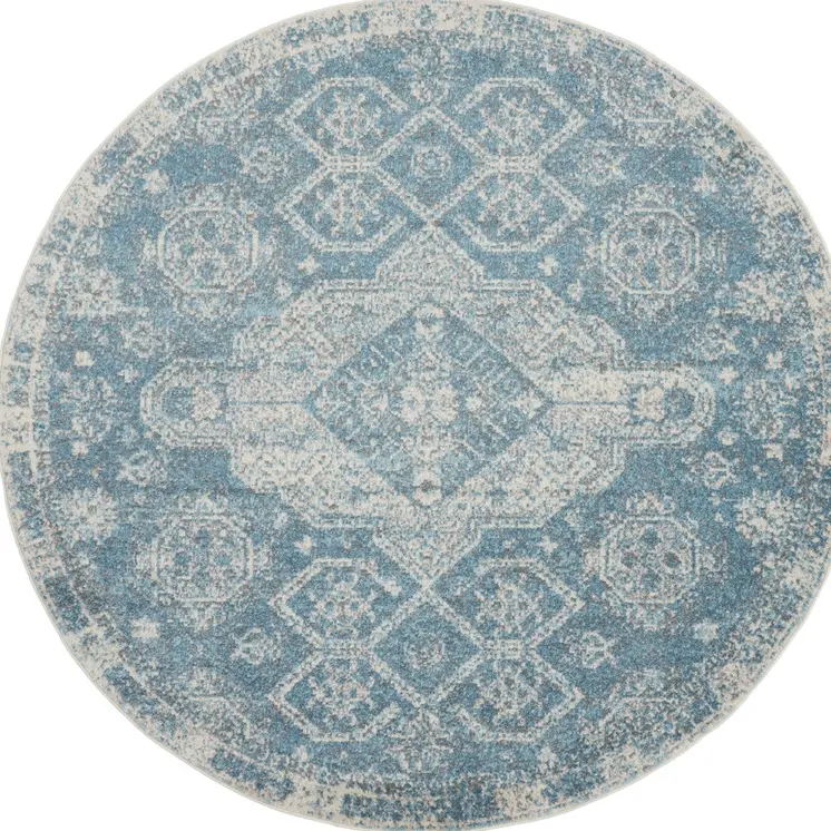 8' Ivory And Light Blue Geometric Distressed Round Rug