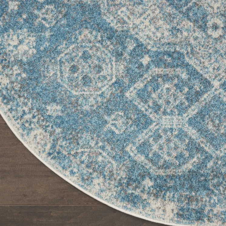 8' Ivory And Light Blue Geometric Distressed Round Rug