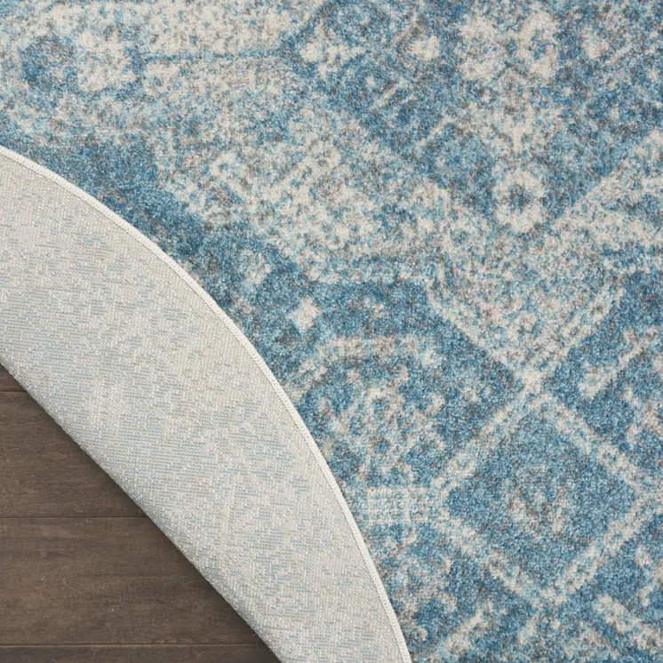 8' Ivory And Light Blue Geometric Distressed Round Rug