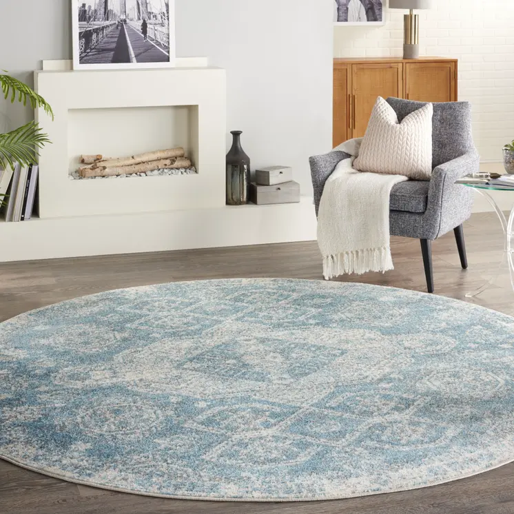 8' Ivory And Light Blue Geometric Distressed Round Rug
