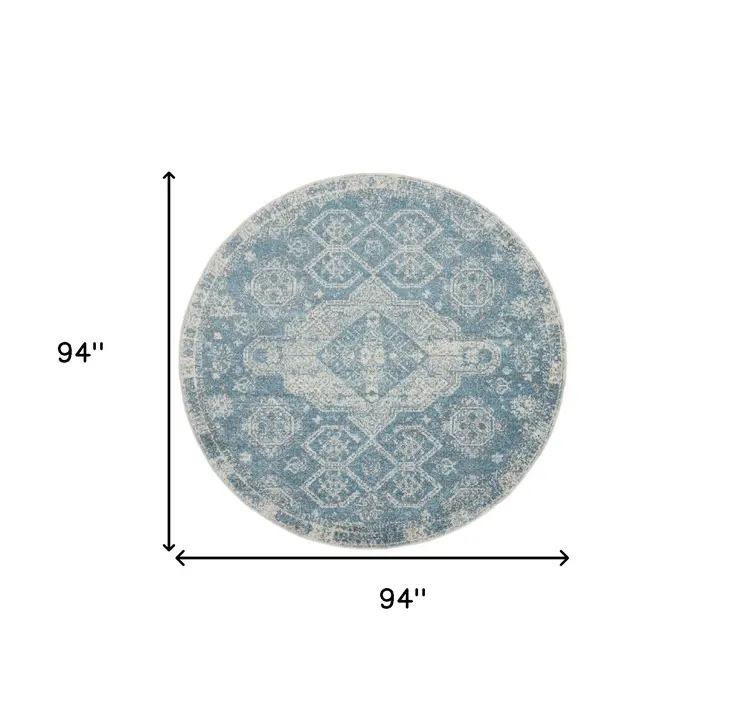 8' Ivory And Light Blue Geometric Distressed Round Rug