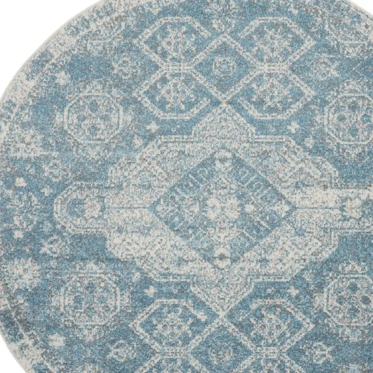 8' Ivory And Light Blue Geometric Distressed Round Rug