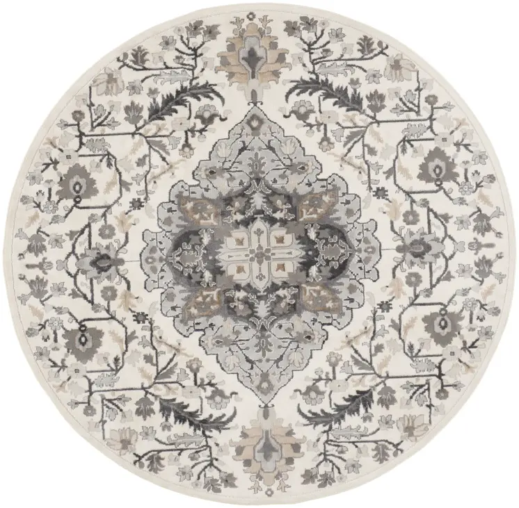 8' Ivory Black and Gray Floral Medallion Non Skid Round Rug