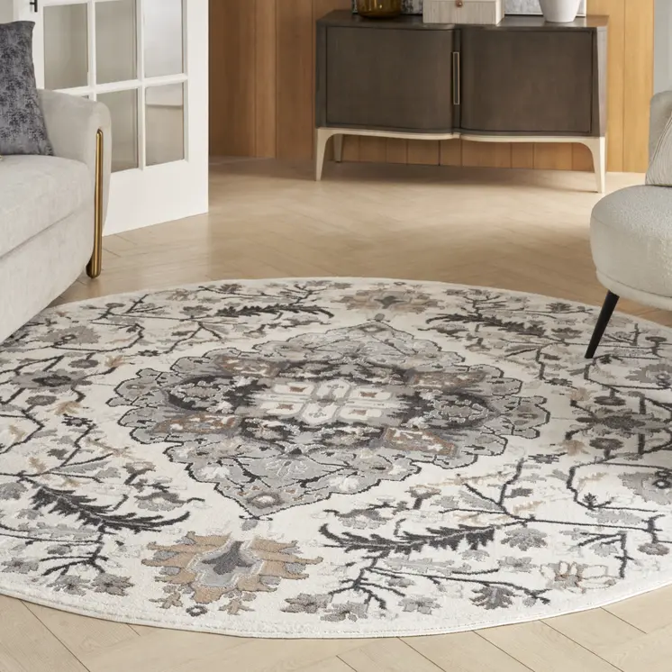 8' Ivory Black and Gray Floral Medallion Non Skid Round Rug