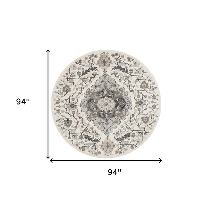 8' Ivory Black and Gray Floral Medallion Non Skid Round Rug