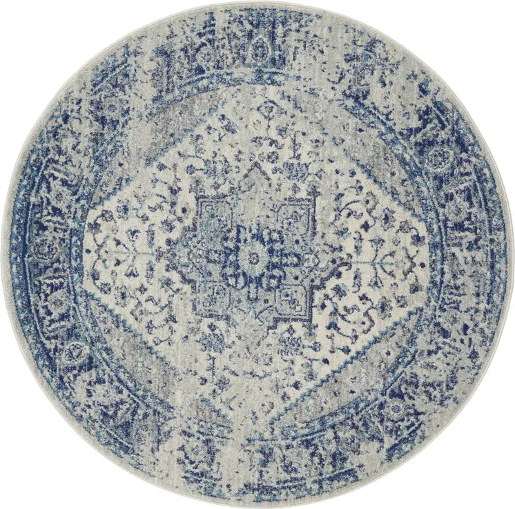 8' Ivory And Light Blue Floral Medallion Distressed Round Rug