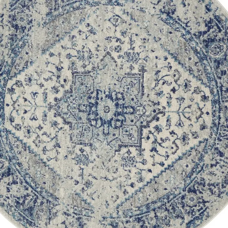 8' Ivory And Light Blue Floral Medallion Distressed Round Rug