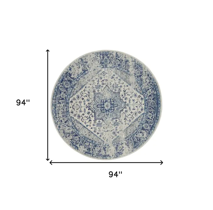 8' Ivory And Light Blue Floral Medallion Distressed Round Rug