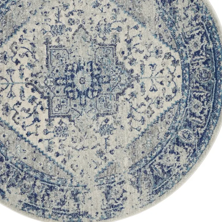 8' Ivory And Light Blue Floral Medallion Distressed Round Rug