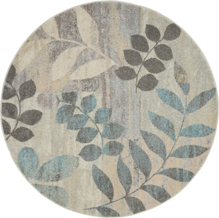 8' Ivory Gray And Blue Botanical Leaves Round Rug