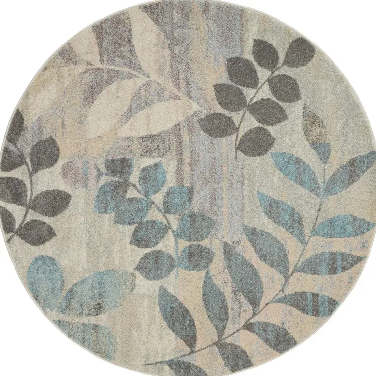 8' Ivory Gray And Blue Botanical Leaves Round Rug
