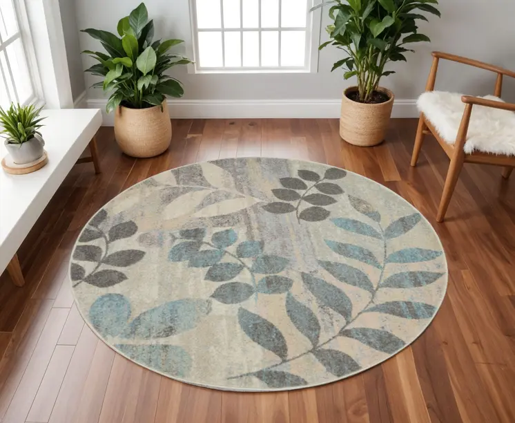 8' Ivory Gray And Blue Botanical Leaves Round Rug