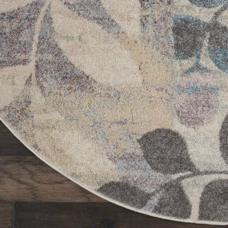 8' Ivory Gray And Blue Botanical Leaves Round Rug