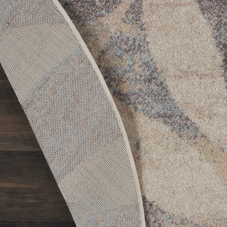 8' Ivory Gray And Blue Botanical Leaves Round Rug